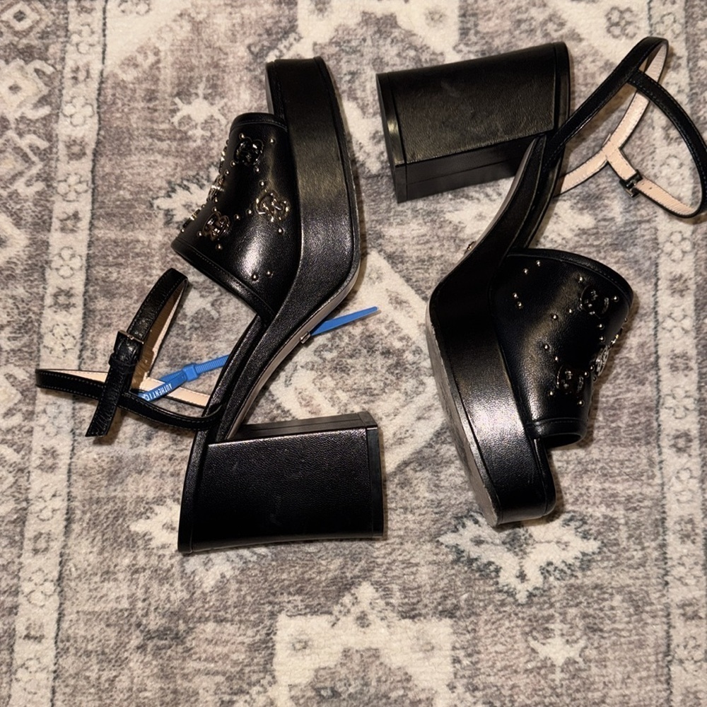Gucci Black Studded Heels leather size 6 Authentic Janaya GG logo - Picture 6 of 12